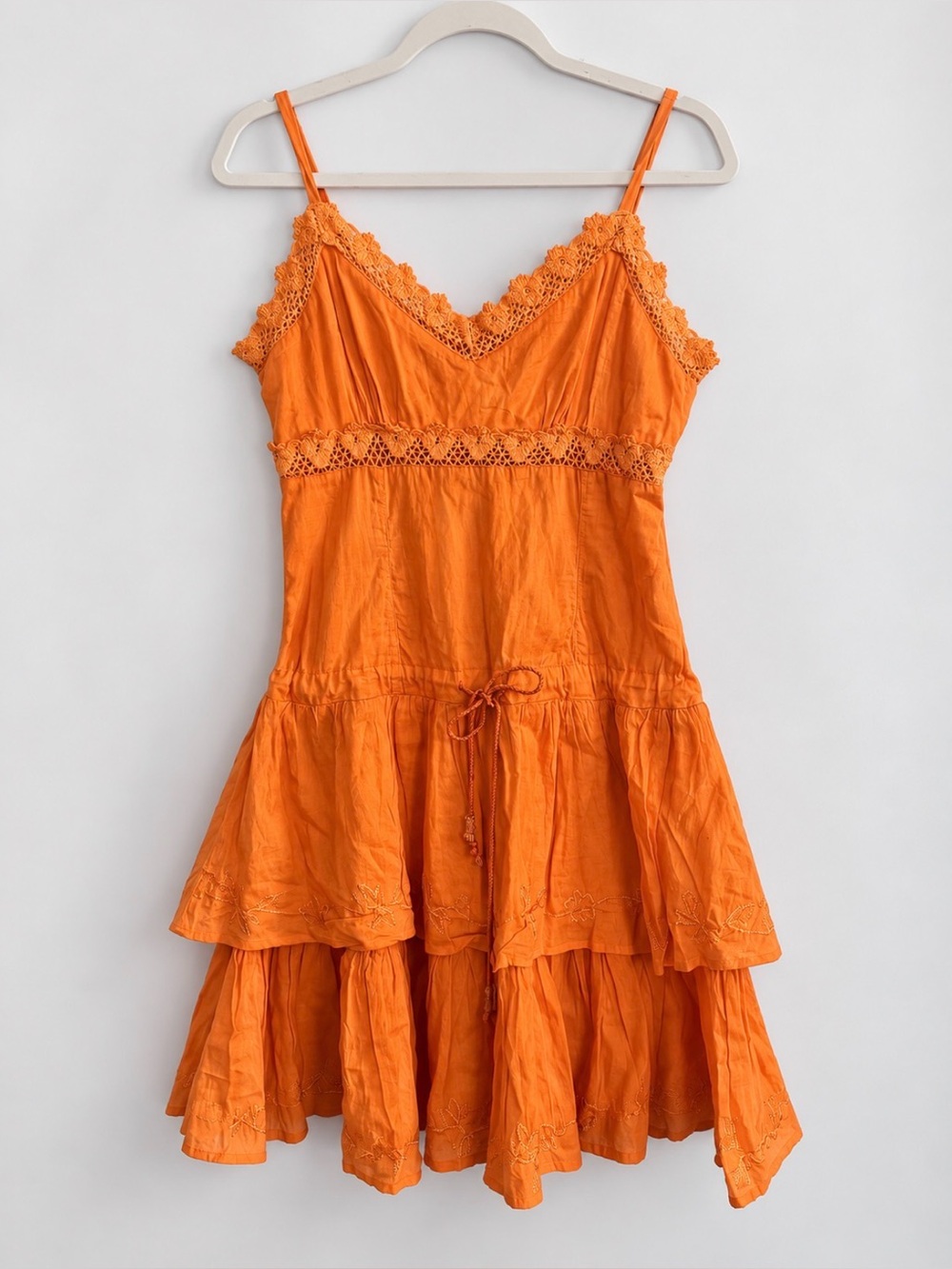 Y2K Vintage Orange Dress Fairy Tiered Small Embroidered Crochet